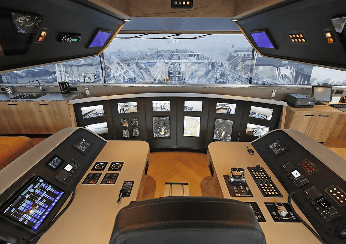 Ship bridge console with Beetronics marine displays integrated in panels.